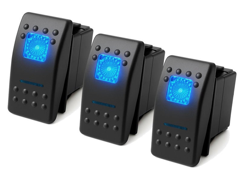 MGI SpeedWare 3-Pack Marine Rocker Switches with Illuminated LED, 20A 12vDC, SPDT Latching ON/Off/ON - Blue - Image 1